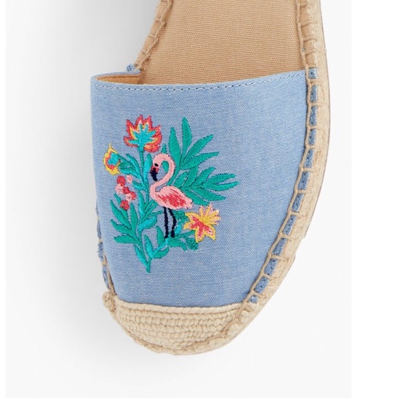 NIB Talbots Denim Espadrilles 7M Embroidered Flamingo Chambray Izzy d'Orsay - Picture 3 of 11